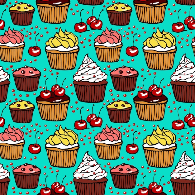 Seamless pattern with muffins and cherries