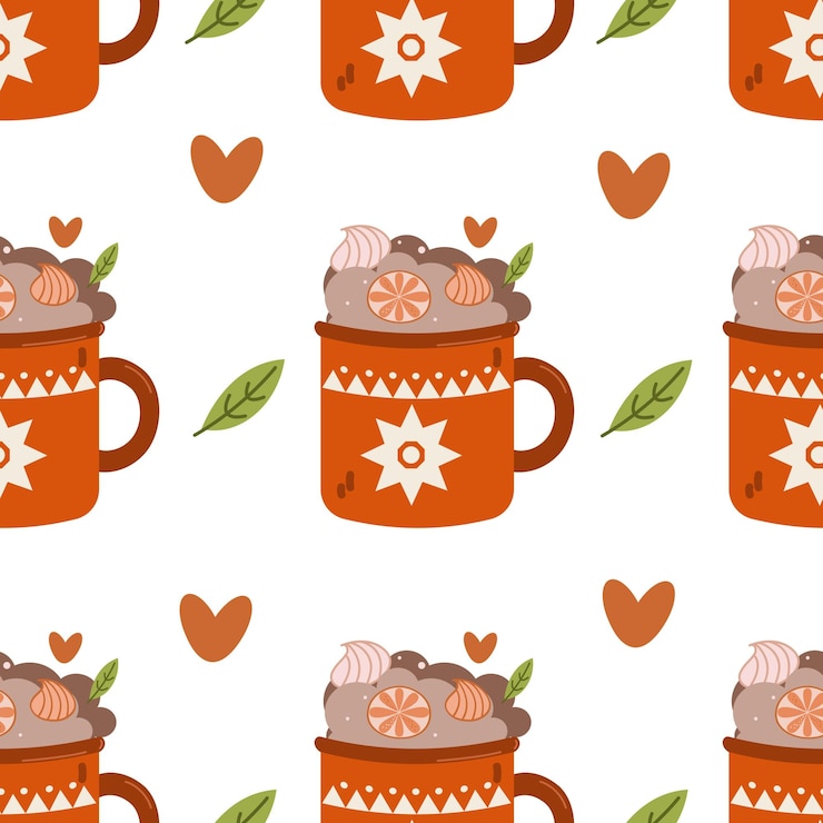 Vector seamless pattern with mugs of cacao and whipped cream