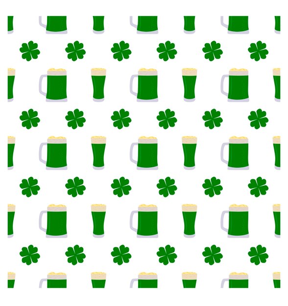 Vector seamless pattern with mugs and glasses with green beer and clover for saint patrick's day