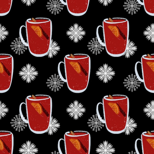 Seamless pattern with mulled wine cup and snowflakes illustration on a black background