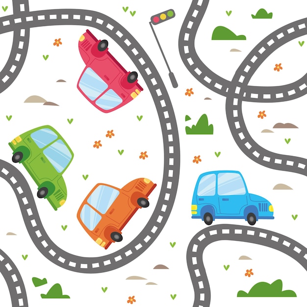Vettore modello senza cuciture con auto e strade multicolori dei cartoni animati stanno guidando auto multicolori divertenti