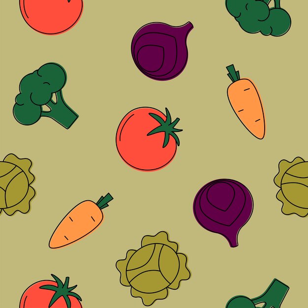 Seamless pattern with multicolored tomatoes carrots broccoli onions and cabbage