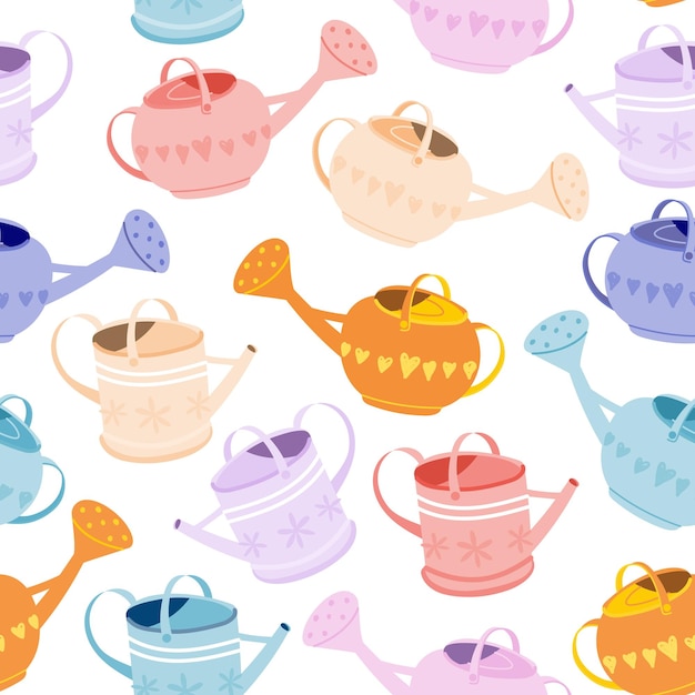 Seamless pattern with multicolored watering can Repeating background with garden tools Hand drawn