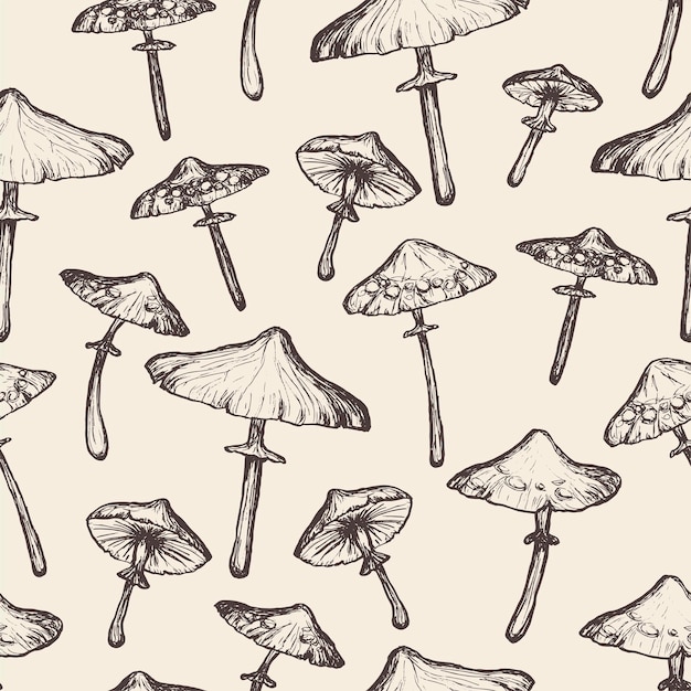 Seamless pattern with mushrooms Background design Hand drawn illustration of mushrooms on beige