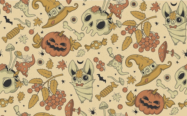 Vector seamless pattern with mushrooms, beetles, autumn leaves and halloween traditional symbols.