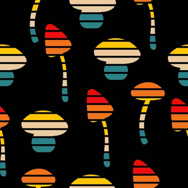 Seamless pattern with mushrooms in bright rainbow colors in hippie style Retro