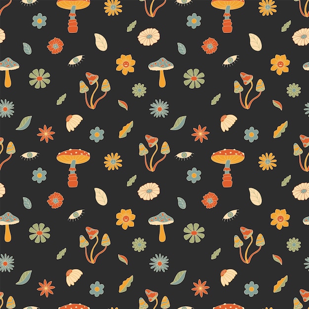 Seamless pattern with mushrooms and flowers hippie concept Hand drawn flat vector illustration