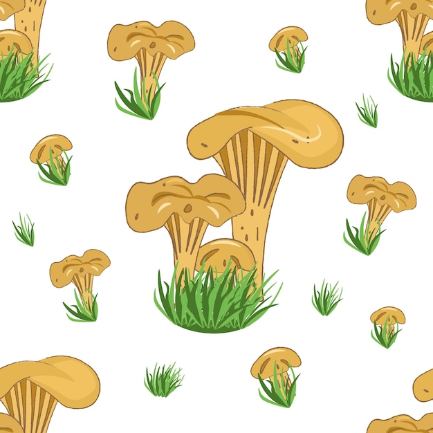 Seamless pattern with mushrooms and grass