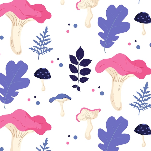 seamless pattern with mushrooms and leaves