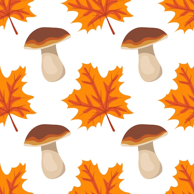 Seamless pattern with mushrooms and orange maple leaves bright autumn print with gifts of nature and...