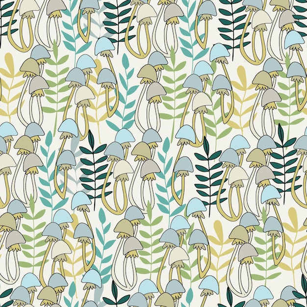Vector seamless pattern with mushrooms and plants vector illustrations in cartoon style summer forest concept