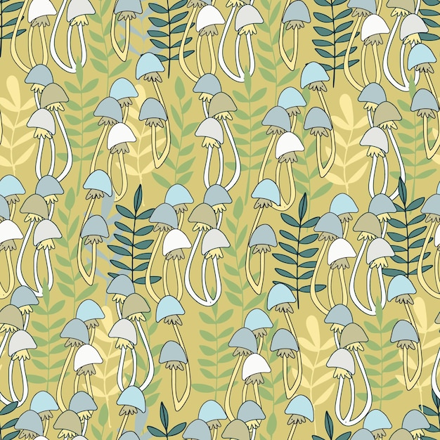 Vector seamless pattern with mushrooms and plants vector illustrations in cartoon style summer forest concept