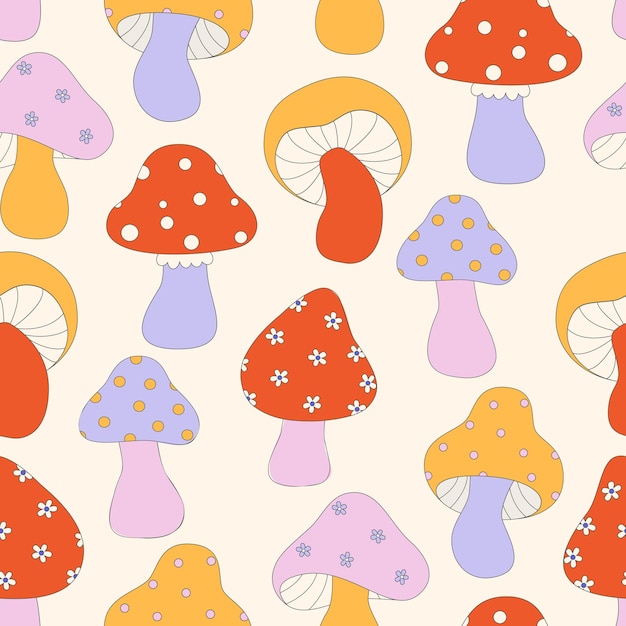 Seamless pattern with mushrooms pop color style flat design 70s cool trendy retro of hipster retro cool psychedelic elements trend vector illustration