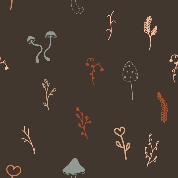 Seamless pattern with mushrooms and twigs in autumn colors Seamless cute doodle and cartoon style