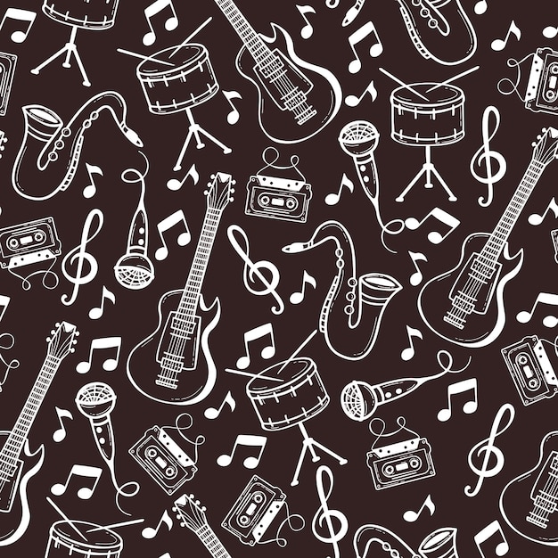 Modello senza cuciture con strumenti musicali in stile doodle.