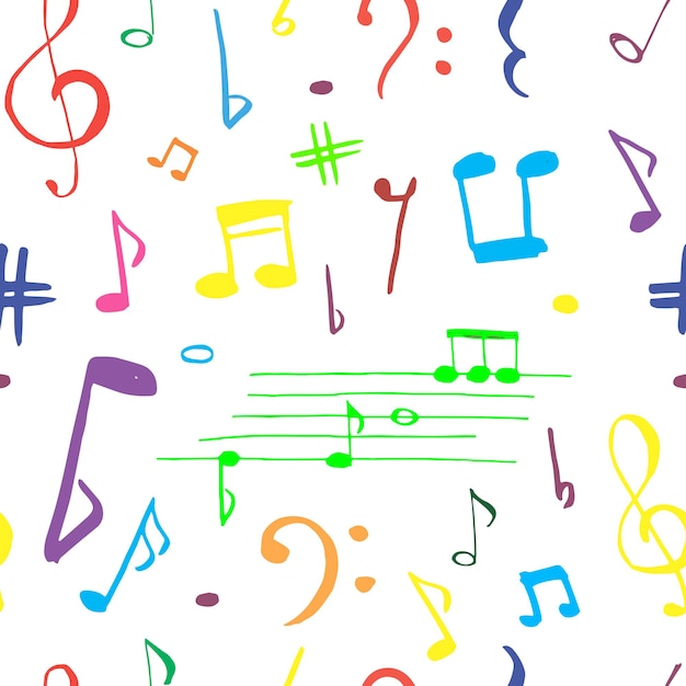 Seamless pattern with musical signs. Music note doodle. Hand drawn multicolor vector background.