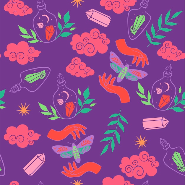 Seamless pattern with mystic magical elements. vector graphics.