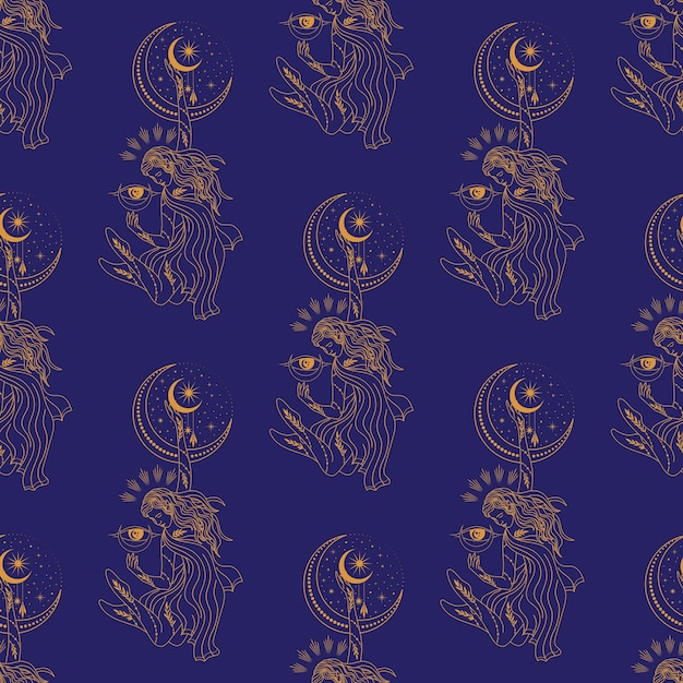 Seamless pattern with mystical girl, witch. Moon, silhouette, doodle, contour, tarot. Vector.