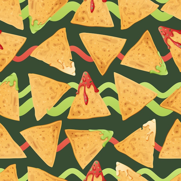 Vector seamless pattern with nachos on a green background with wavy lines traditional mexican food