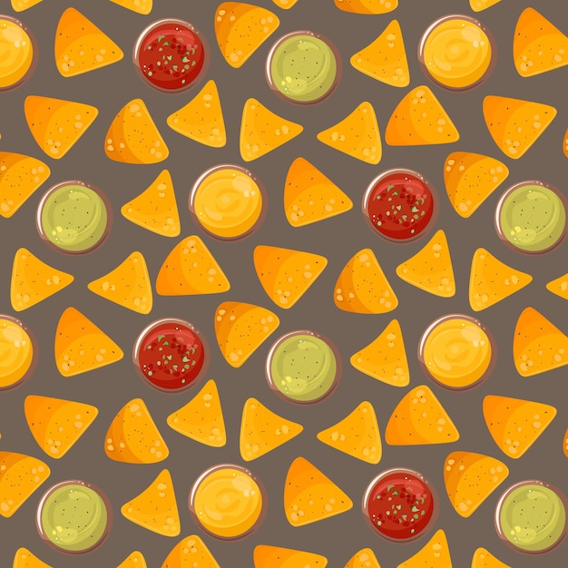 Seamless pattern with nachos, salsa, guacamole, and cheese sauce. latinamerican food. mexican snack