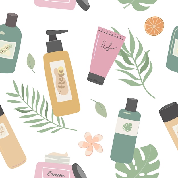 Seamless pattern with natural cosmetic cream shampoo. Skin and hair care product and tropical leaves