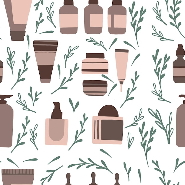 Vector seamless pattern with natural organic cosmetics in plastic packages flat vector illustration on white background with green leaves