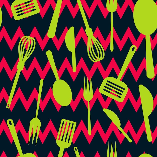 Vector seamless pattern with neon cooking tools on zigzag background