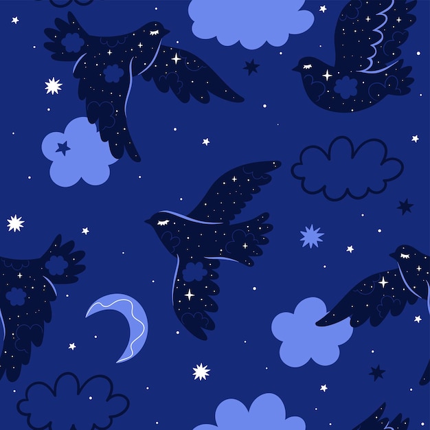 自由奔放に生きるスタイルの夜の鳥とのシームレスなパターン ベクター グラフィックス