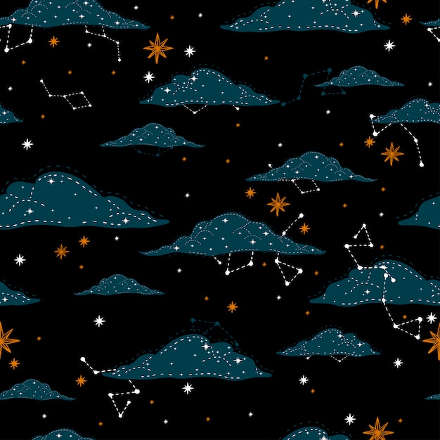 Seamless pattern with a night sky of cloud stars and constellations.