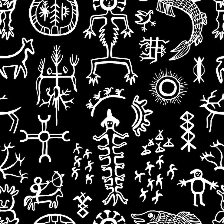 Vector seamless pattern with northern styled ornament and doodle elements of native art