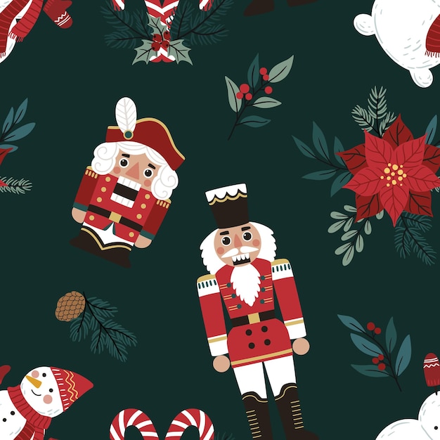 Seamless pattern with nutcracker and christmas decor vector can be used for printing on fabric