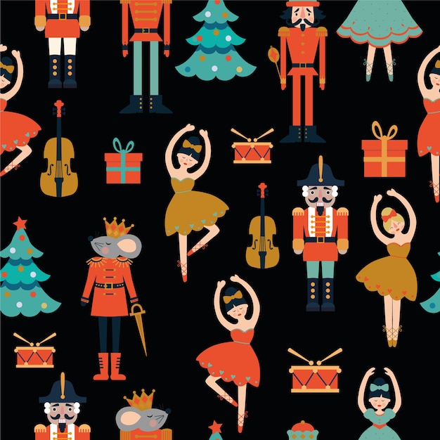 Seamless pattern with nutcracker. tree, violin, ballerina, mouse king.