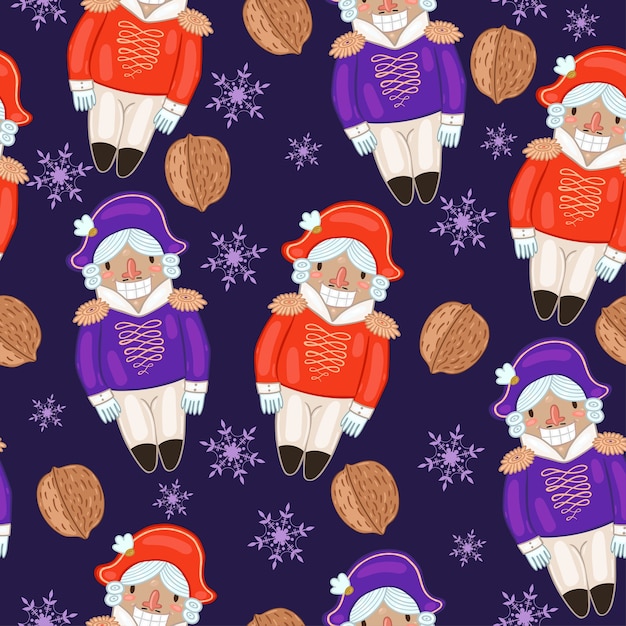 Seamless pattern with nutcrackers and nuts