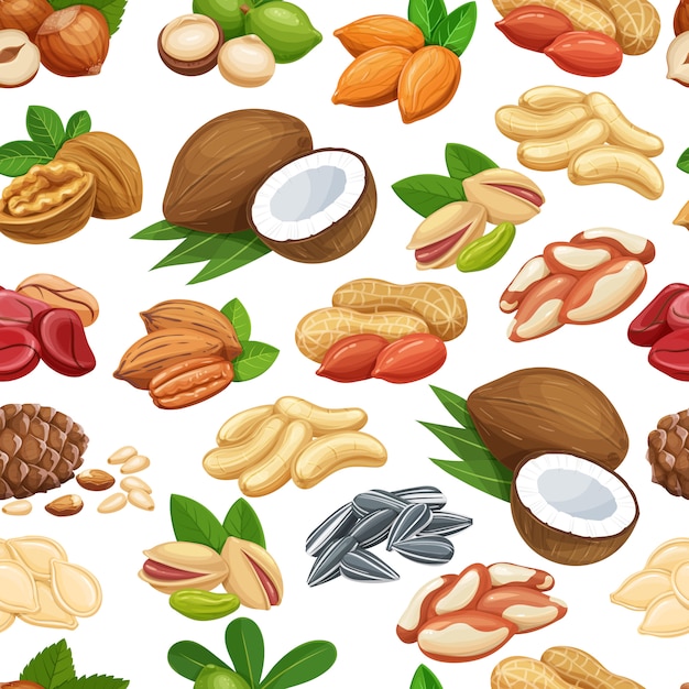 Vector seamless pattern with nuts and seeds. cola nut, pumpkin seed, peanut and sunflower seeds. pistachio, cashew, coconut, hazelnut and macadamia.  illustration.