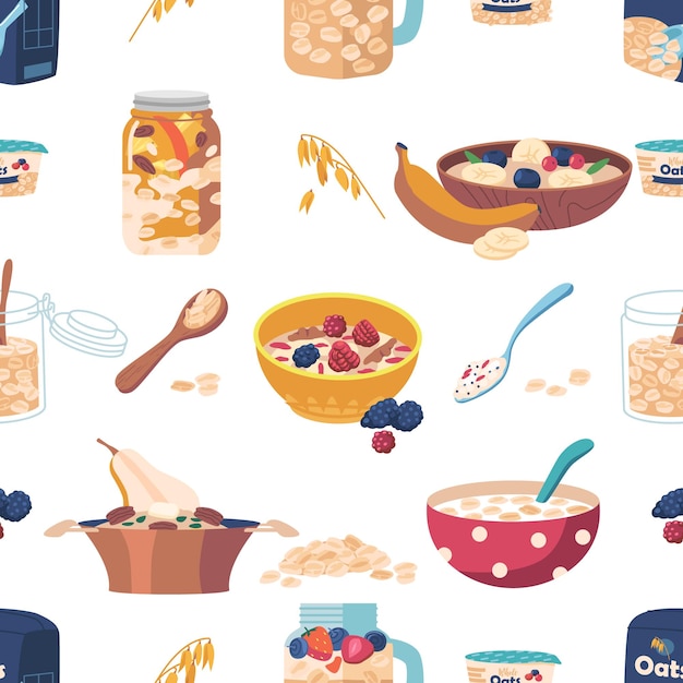Seamless Pattern with Oatmeal Breakfast Tiled Background With A Mix Of Oats Fruits Berries And Nuts