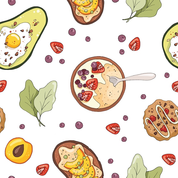 Seamless pattern with oatmeal porridge, avocado with egg, cookies, fruit sandwich.