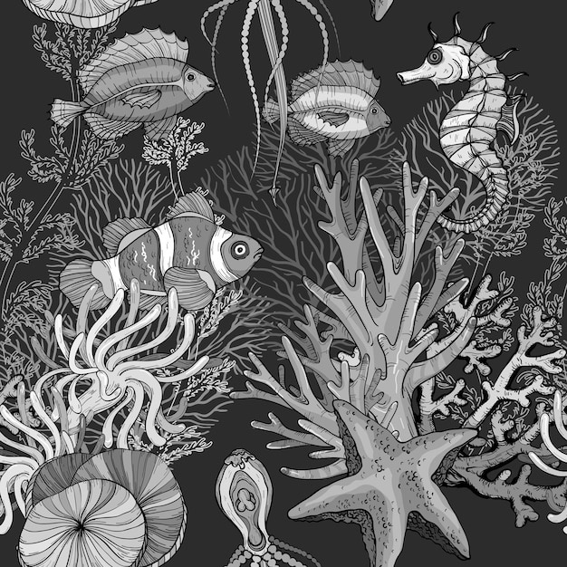 Modello senza cuciture con la vita marina dell'oceano pesce pagliaccio in anemoni illustrazione vettoriale in bianco e nero