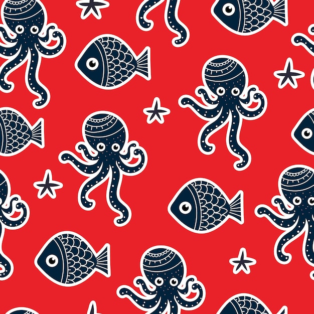 Seamless pattern with octopuses fish