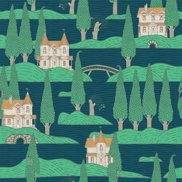 Seamless pattern with old houses an water