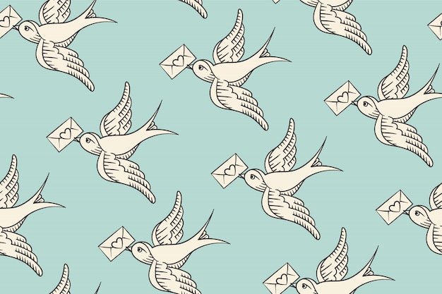 Seamless pattern with old school vintage bird and postal envelope