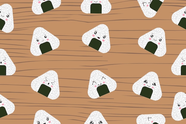 Seamless pattern with onigiri in kawaii style Sushi in kawaii style Cute cartoon onigiri with a face Vector illustration