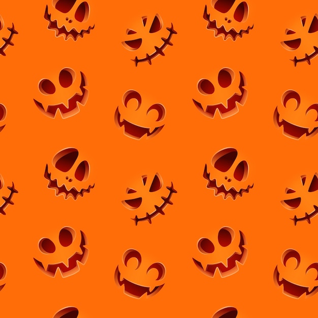 Seamless pattern with orange background and carved pumpkin faces Cartoon vector illustration