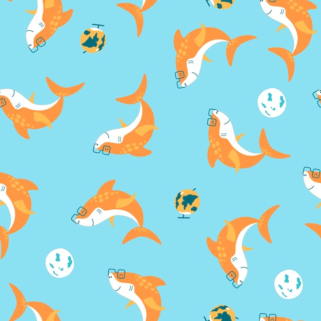 Бесшовный рисунок с оранжевыми милыми акулами и планетами на синем фоне