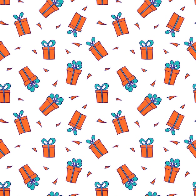 Seamless pattern with orange gift boxes and confetti. Design for wrapping paper, textiles, etc.