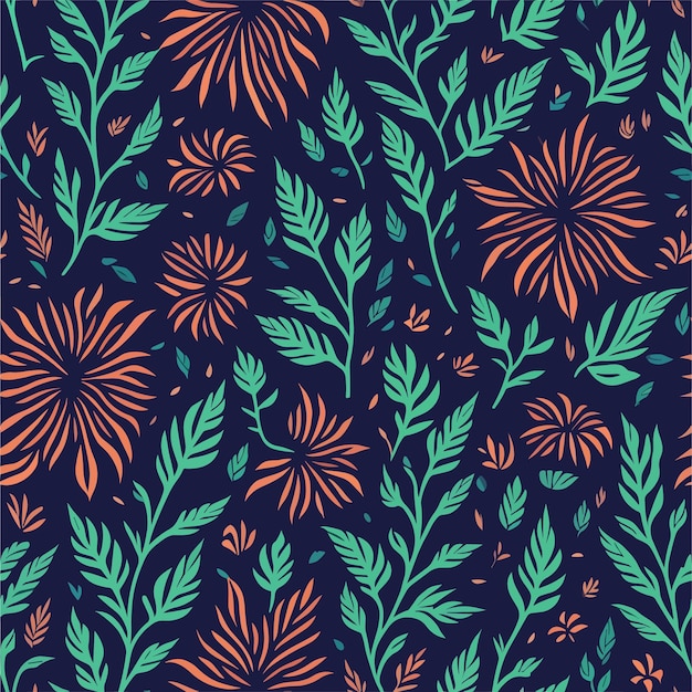 A seamless pattern with orange and green flowers on a dark background.