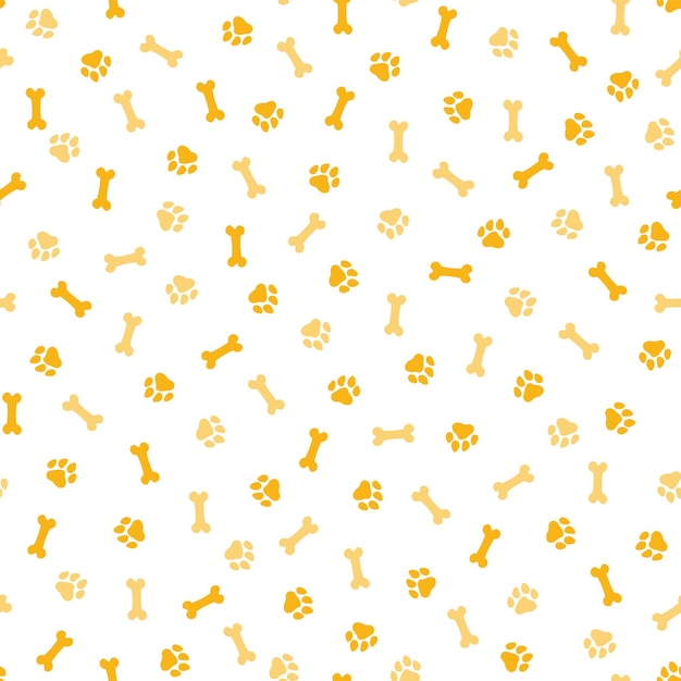 Seamless pattern with orange paw prints and bones