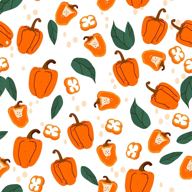 Seamless pattern with orange peppers and leaves on a white background.