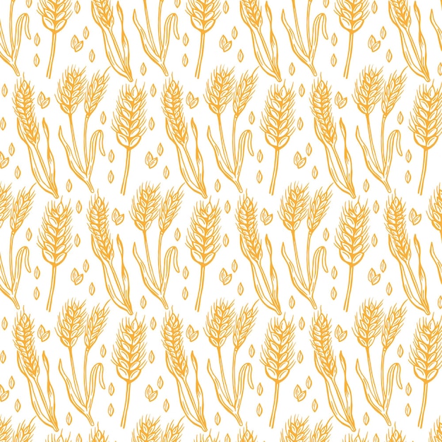 Seamless pattern with orange wheat and ears isolated on white background