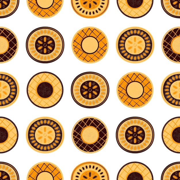 Seamless pattern with orangebrown ceramic plates on a white background