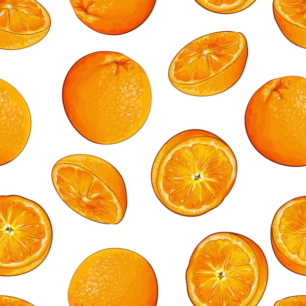 Seamless pattern with oranges fruit on white background. Bright tropical fruits for wrapping paper, kitchen design.